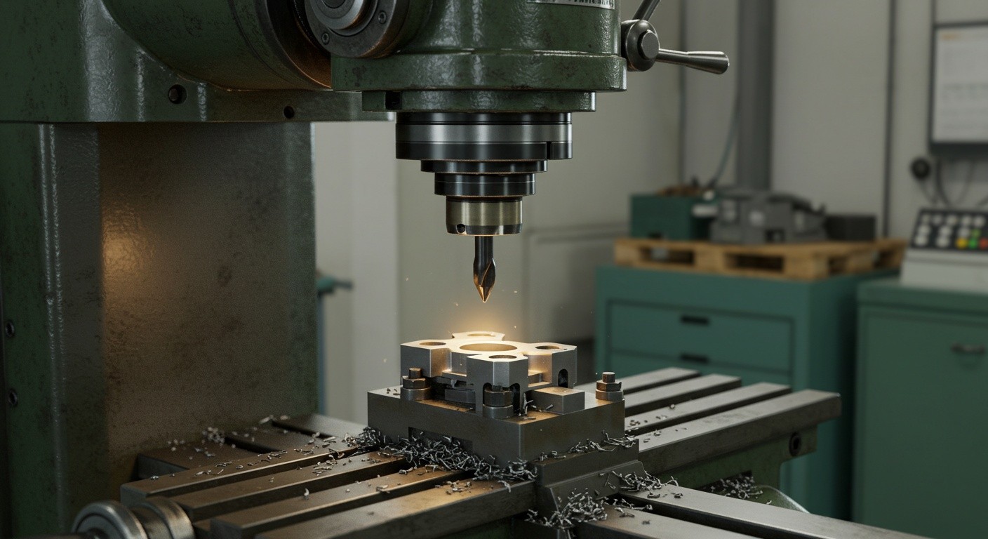 Начинающий мастер работает на фрезерном станке